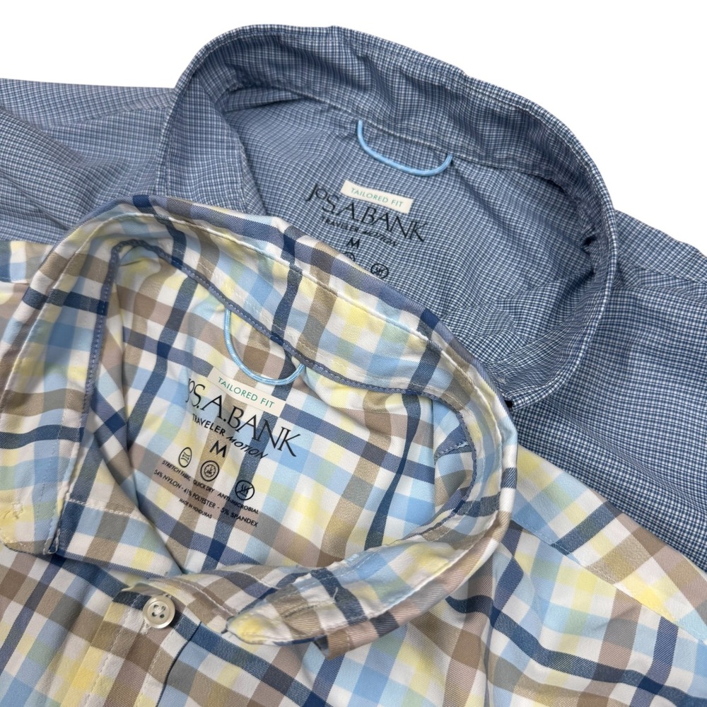 Jos A Bank Traveler Motion Tailored Fit Shirts Mens M Lot of 2 Blue Plaid Check
